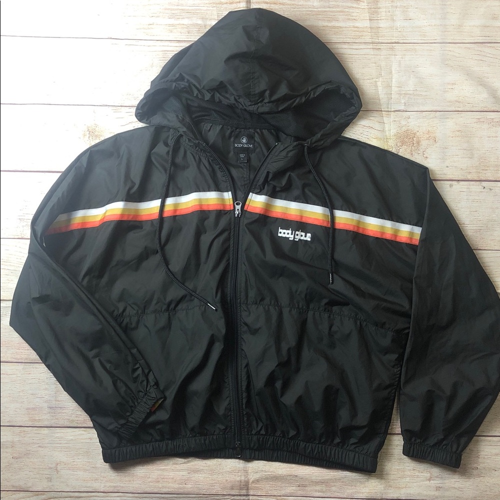 Body Glove black windbreaker jacket with a retro striped design